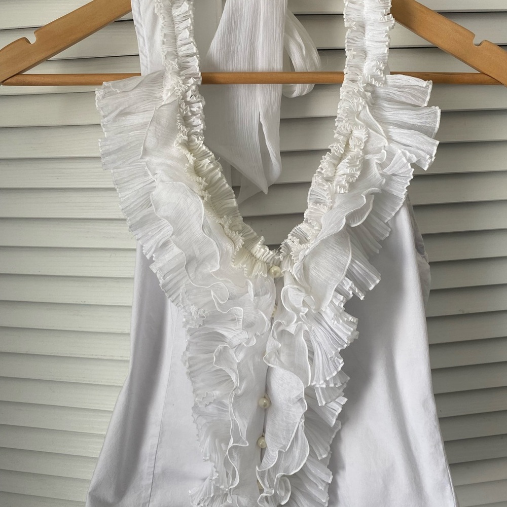White Ruffled Halter Blouse with Pearl Buttons